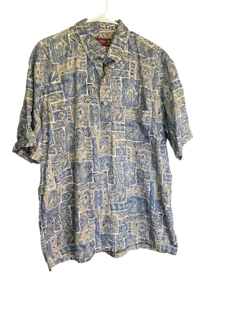 Coral Reef Hawaii XL Blue Beige Hawaiian Shirt 100% Cotton Made In Hawaii EUC